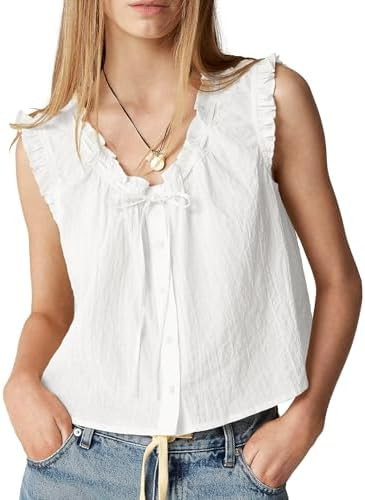 Women Tank Top Summer Button Down Blouse V Neck Sleeveless Tops Trendy Ruffle Vest Casual Flowy S... | Amazon (US)