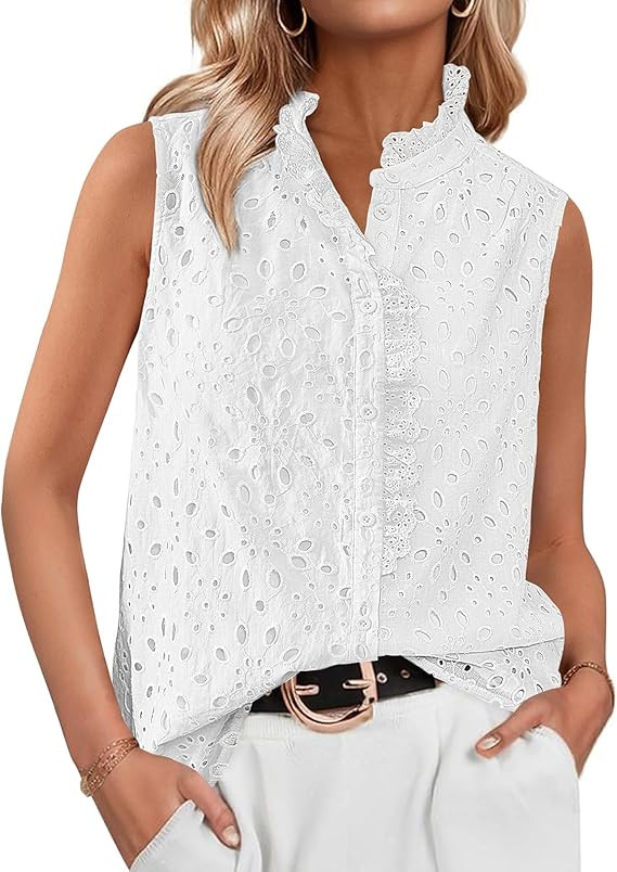 BTFBM Button Down Shirts For Women Ruffle V Neck Sleeveless Eyelet Tops Hollow Out Boho Summer Va... | Amazon (US)