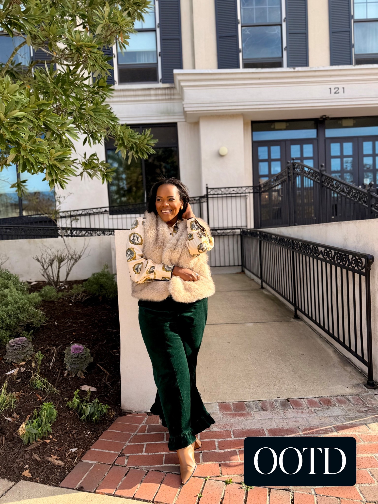 Monday ootd / Anthropologie velvet Collette ruffle pants and Maeve printed blouse / furry vest for added warmth from H&M / winter outfits / midsize style 

#LTKootd #LTKgrwm #LTKMidsize