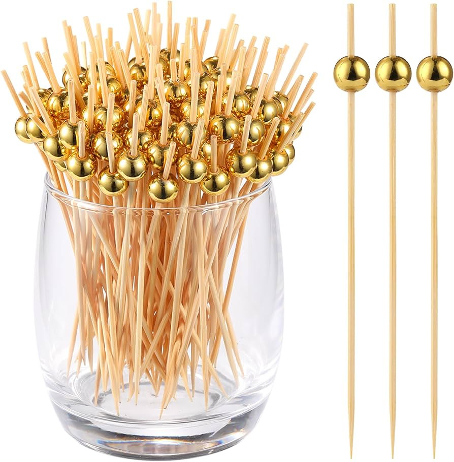 200 Pcs Cocktail Picks, Gold Plastic Ball Decor Skewer for Appetizers, Fruit, Kebabs, Mini Burger... | Amazon (US)