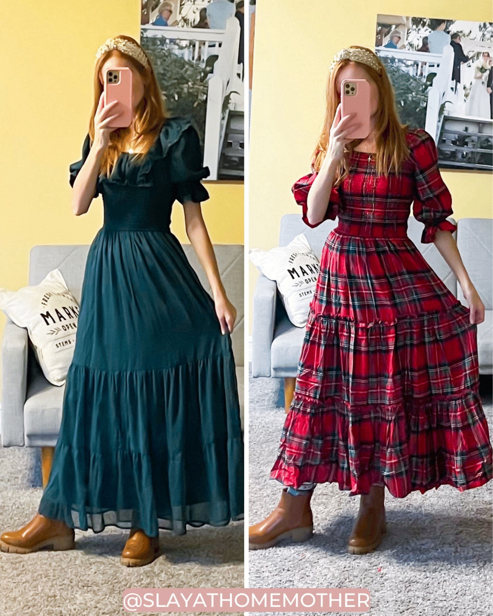 Loving these holiday dresses! Bust is smocked for comfortable fit, green dress also has a zipper on the back. Wearing XXS in both sizes - fits tts with a little extra room available thanks to the smocked bust 😍

Holiday outfits, holiday party, christmas party, boots, redhead, holiday looks, Christmas party outfit, Christmas party dress, holiday party dress, smocked dress, petite fashion, petite dress, petite holiday dress, petite style 

#LTKHoliday #LTKSeasonal #LTKsalealert