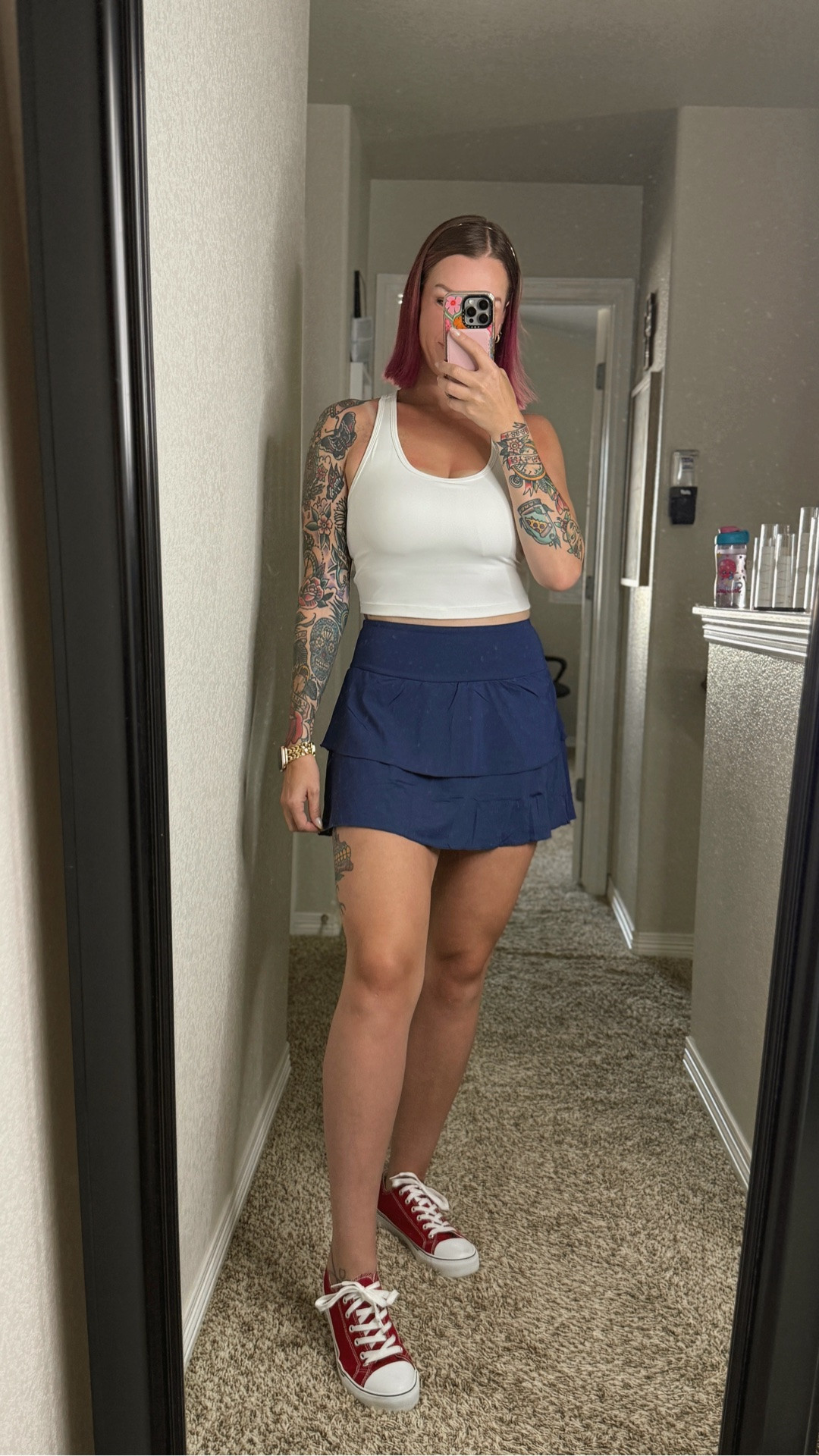 Double ruffle skort with pocket! So cute to dress up, run errands, or wear to workout! Longline racerback sports bra with built in shelf bra! I’m wearing a medium in the skort and a large in the bra.
I’m 5’6”, 145 lbs

#LTKmomlife #LTKdayinmylife