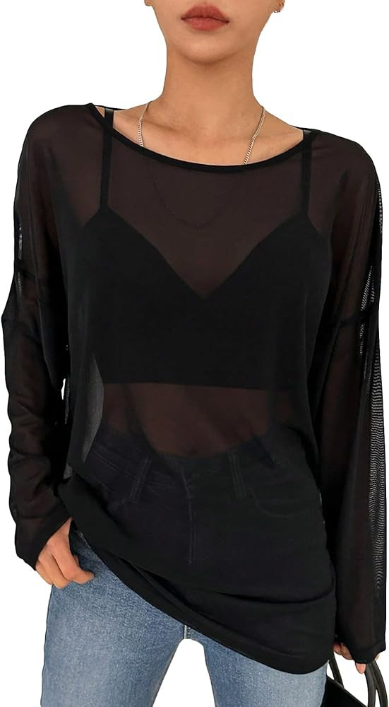 GORGLITTER Women's Sheer Mesh Top Long Sleeve Drop Shoulder Boat Neck Solid Tee Tops | Amazon (US)
