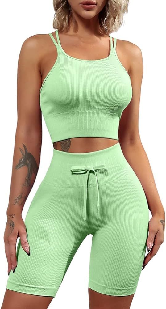 QINSEN Workout Sets for Women 2 Piece Ribbed Seamless Sport Butt Lifting Shorts Yoga Exercise Outfit | Amazon (US)