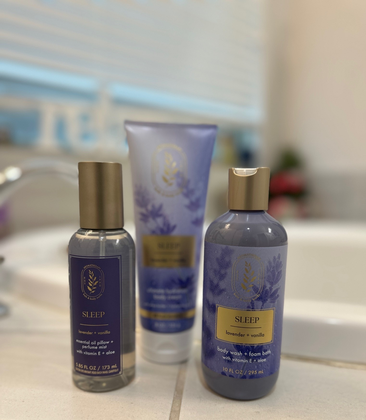 Sleep Lavendar and Vanilla bath products for me. Self care at its best! #selfcare #sleep #bathandbodyworks #bathproducts