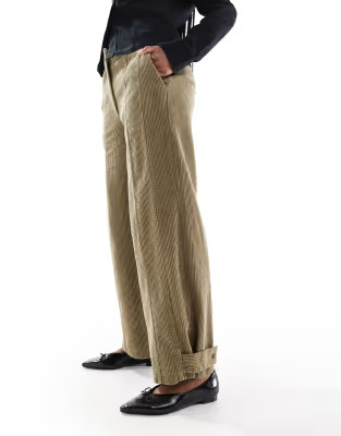 ASOS DESIGN cord pants with seam and tab detailing in khaki | ASOS (Global)