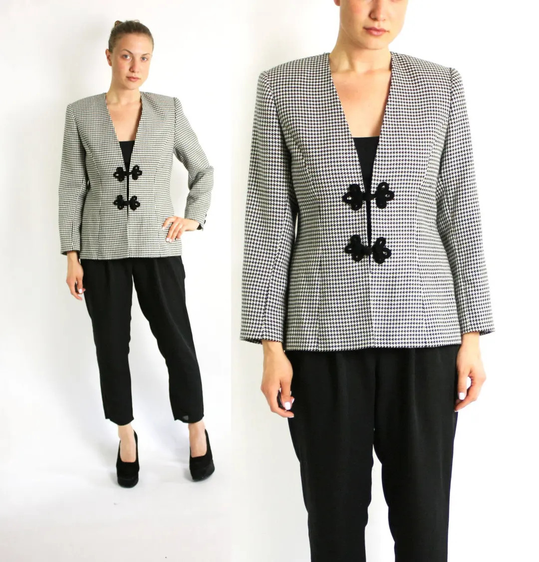 Vintage 80's Black & White Houndstooth Check Print Frog Closure Fitted Jacket Blazer - size Mediu... | Etsy (US)