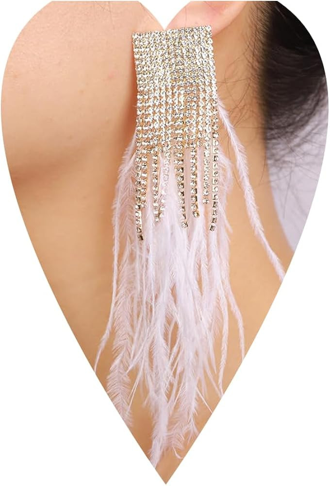 Women Pink Green Black Rhinestone Feather Statement Drop Dangle Earrings Dangling Sparkly Sexy Cr... | Amazon (US)