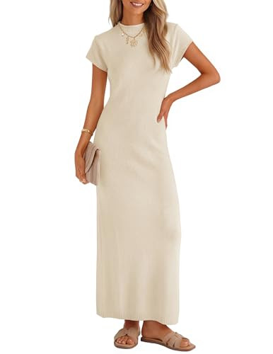 Womens Summer Bodycon Maxi Dress 2026 Business Casual Short Sleeve Crewneck Knit Slit Spring Swea... | Amazon (US)