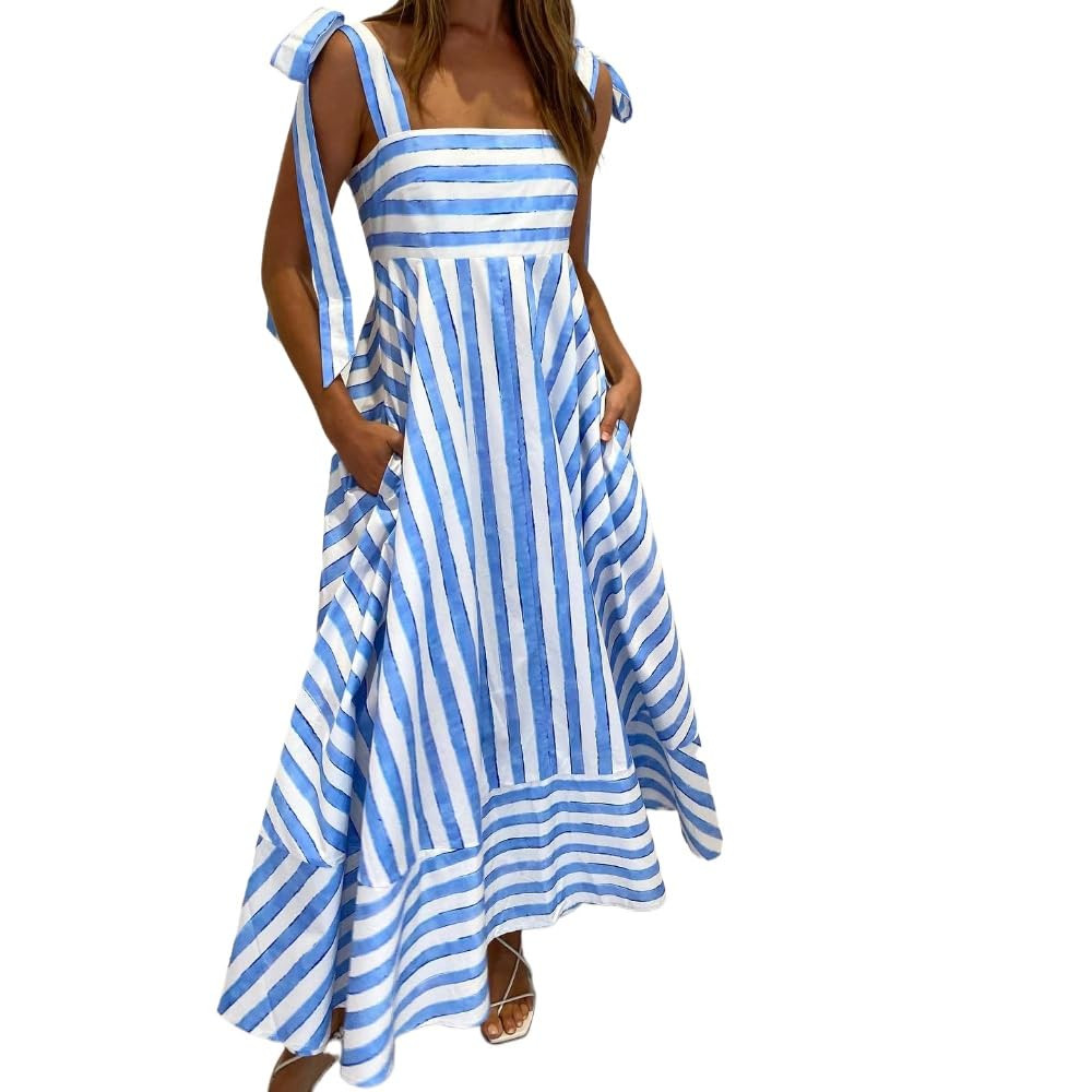 Womens Casual Dress Striped Maxi Bow Tie Strap Sleeveless A Line Summer Beach Long Flowy Dress | Amazon (US)
