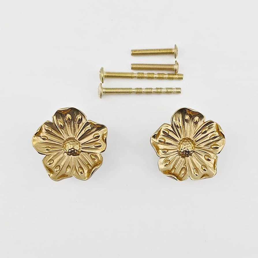 2 Pack Gold Flower Cabinet Knobs, 1.6inch Solid Brass Drawer Handles, Kitchen Cabinet Pulls for D... | Amazon (US)
