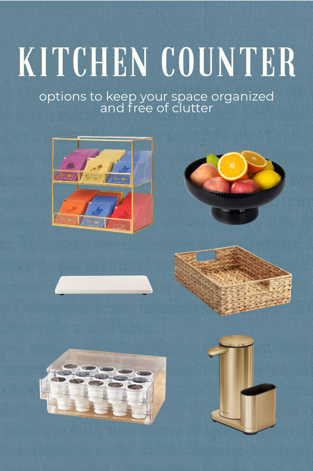 Simple countertop solutions that keep everyday items organized, contained, and easy to access.

1. glass tea organizer
Keeps tea packets visible and neatly categorized on the counter.

2. fruit bowl
A clean way to store grab-and-go produce while adding a simple design element.

3. water-absorbing tray
Protects the counter from pooled water and keeps the sink area tidy.

4. woven basket
A contained spot for paperwork, mail, or items that tend to collect on the counter.

5. pod drawer
Stores coffee pods in a compact, easy-to-reach setup for a calmer morning routine.

6. automatic soap dispenser with sponge holder
Creates a clean, streamlined sink area and keeps everyday items in one place. 

 #LTKHome #LTKFindsUnder50 #LTKFindsUnder100