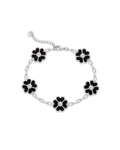 PAVOI Rhodium Plated Clover Bracelets for Women - Station Flower Bracelet - Black Onyx Gemstone Lucky Floral Design - Adjustable Trendy Jewelry Gifts | Amazon (US)
