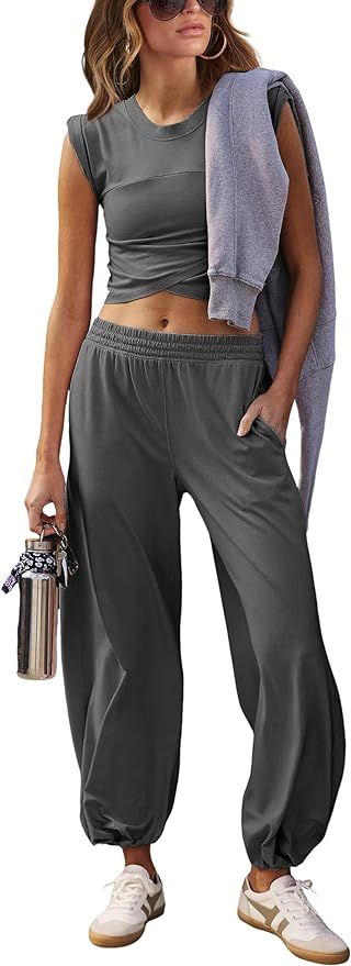 Womens 2 Piece Sweatsuits Hot Shot Sets Casual Workout Cropped Tee Top High Rise Sweatpants Athle... | Amazon (US)