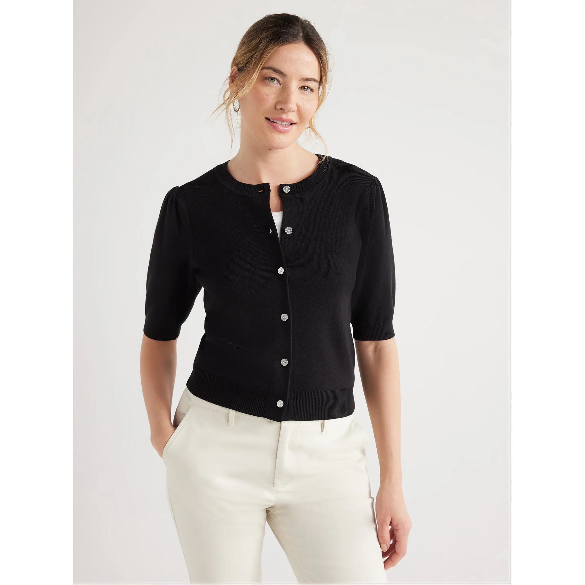 Free Assembly Women's Cardigan Sweater with Short Puff Sleeves, Midweight, Sizes XS-XXL | Walmart (US)