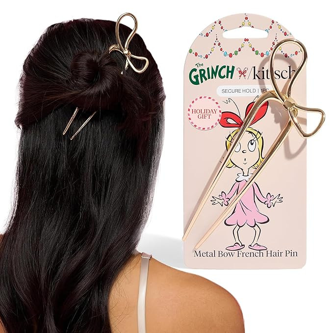 The Grinch x Kitsch Gold French Hair Pin with Bow Design - Durable Metal Hair Pin for Effortless ... | Amazon (US)