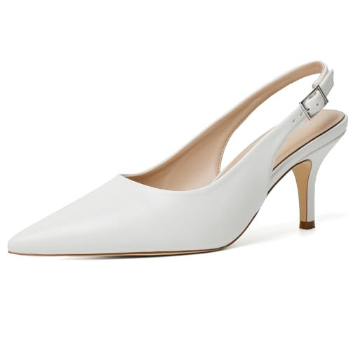 RIBONGZ White Heels for Women Slingback Kitten Heels Closed Pointed Toe Ankle Strap Low Heeled Sexy Pumps Wedding Bride Guest Party Evening Prom Formal Herls Dressy Shoes 7.5 | Amazon (US)