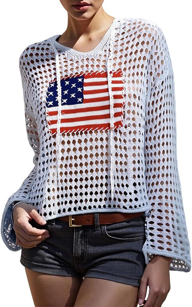 Women Open Knit Crochet Sweater Top American Flag Patriotic Hollow Out Long-Sleeve Hooded Beach C... | Amazon (US)