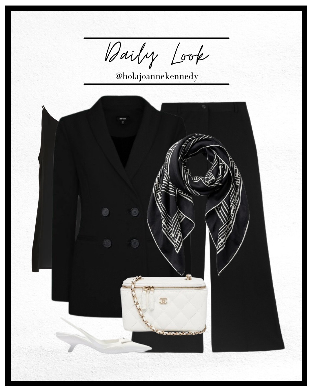 black tailored trousers, Cambridge blazer Saint Sofia, black blazer outfit, monochrome outfit, white prada slingbacks, Chanel vanity bag white, scarf styling waist, classic elegant outfit, old money style, workwear chic 

#LTKworkwear #LTKspring #LTKstyletip