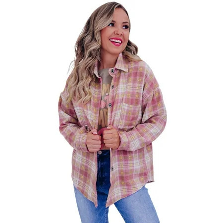 Stylish Plaid Shacket: Pink Print with Convenient Chest Pocket | Walmart (US)