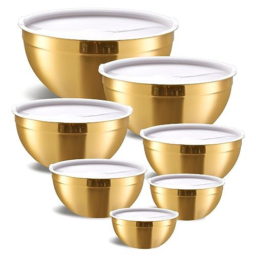 Moxinox Gold Mixing Bowls with Airtight Lids, Stainless Steel Nesting Mixing Bowls Set of 7, Ideal for Baking, Prepping and Serving Food, Size 7, 3.6, 2.7, 2.1, 1.5, 1.1,0.8 QT, Stackable Design | Amazon (US)