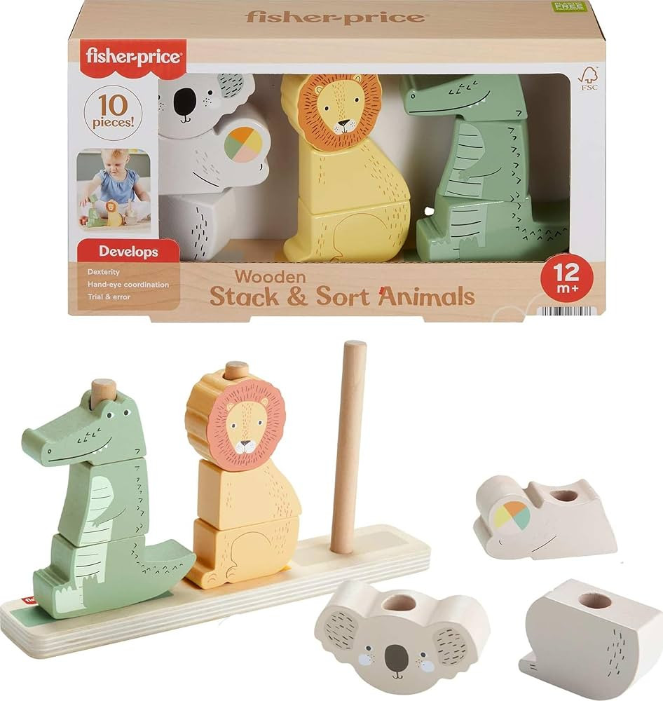 Fisher-Price Wood Baby Toy Stack & Sort Animals, 10 Wooden Pieces for Developmental Play for Infa... | Amazon (US)