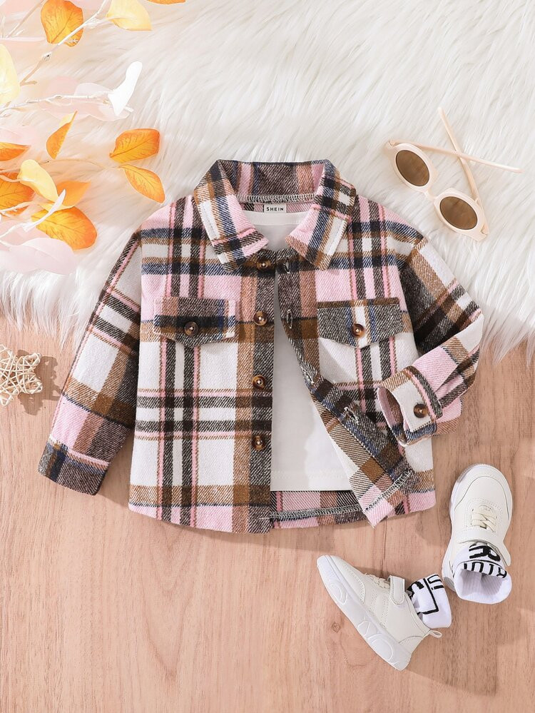 Baby Plaid Print Flap Detail Coat | SHEIN