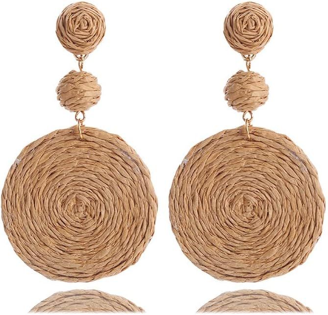 Boho Raffia Ball Earrings Statement Raffia Round Drop Earrings Summer Beach Vacation Jewelry | Amazon (US)