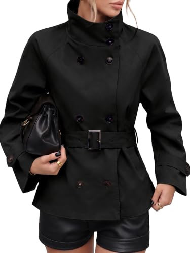 ELLEVEN Womens Cropped Trench Coat Funnel Neck Fall Jacket Black X-Small | Amazon (US)