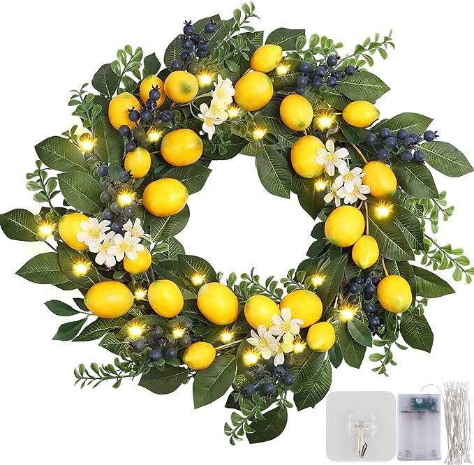 21 Inch Spring Summer Lemon Wreath with Light,Lemon Decor Artificial Wreath with Faux Lemon Blueb... | Amazon (US)