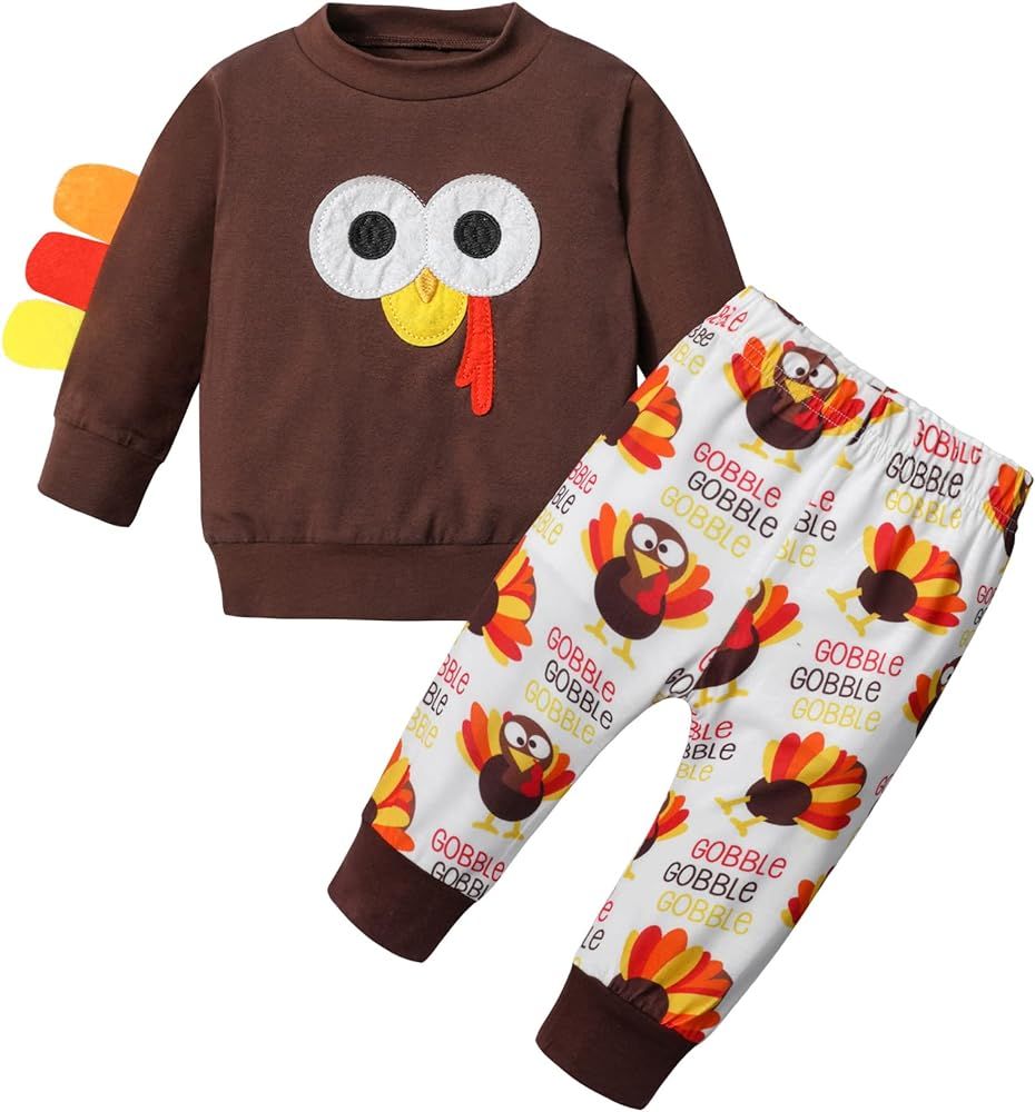 Ribabz My First Thanksgiving Baby Boy Outfit, Cute Turkey Print Outfit Long Sleeve Top + Pants Cl... | Amazon (US)