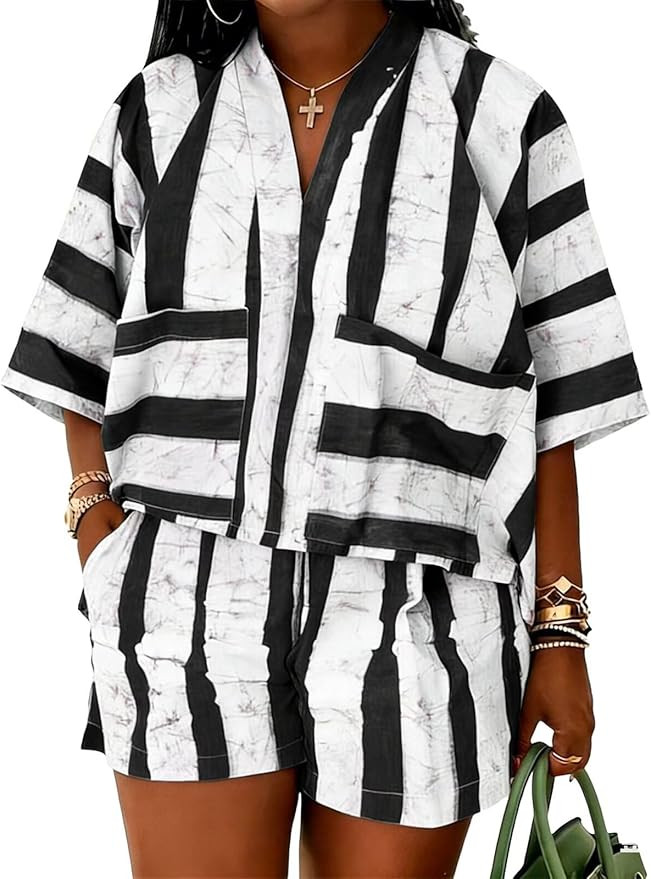 Ophestin Women Summer 2 Piece Sets 3/4 Sleeve V Neck Shirt Top Shorts Lounge Set with Pockets Ove... | Amazon (US)