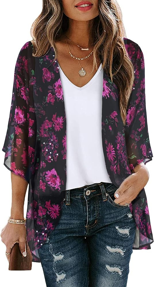 Women's Floral Print Puff Sleeve Kimono Cardigan Loose Cover Up Casual Blouse Tops | Amazon (US)