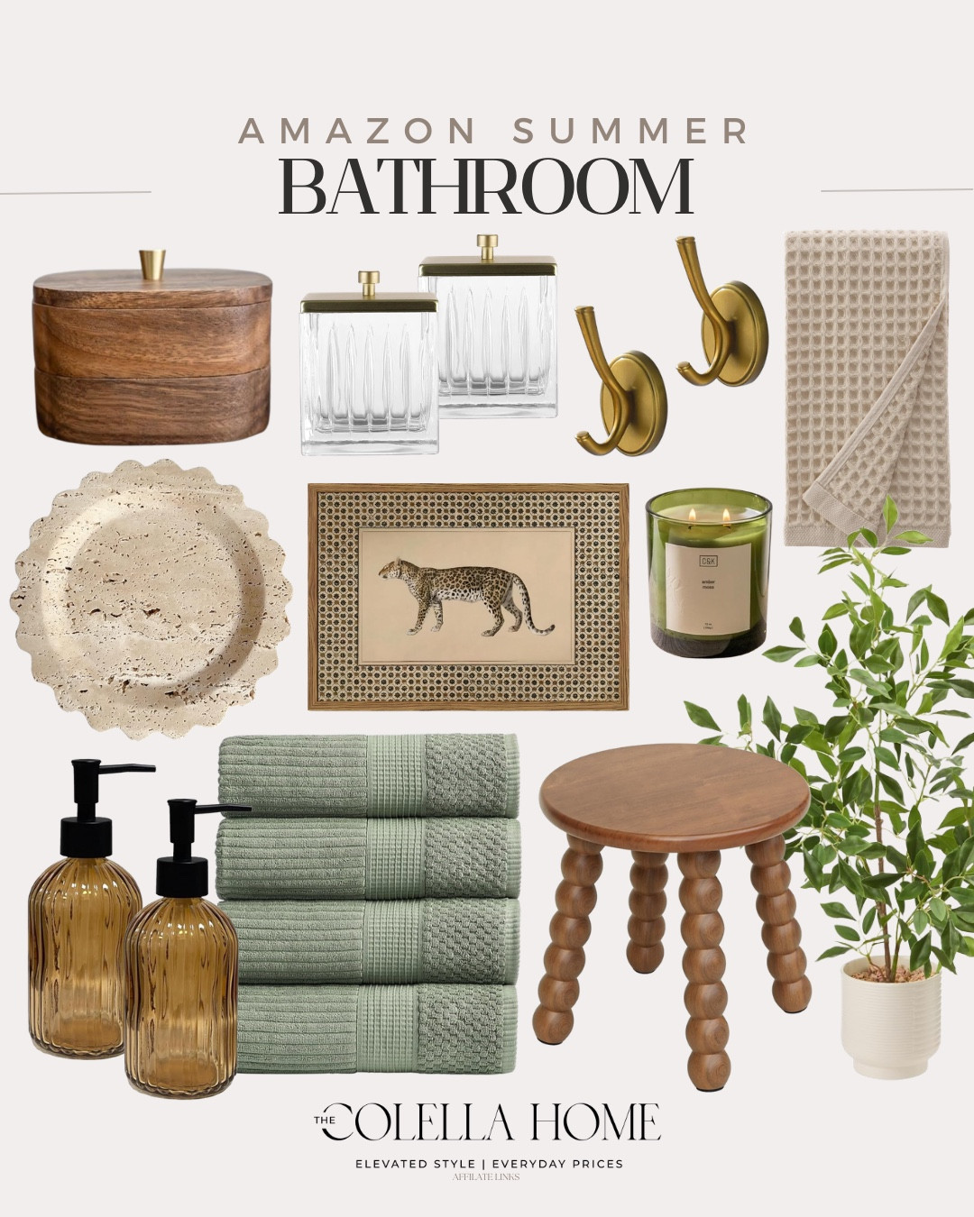 Summer bathroom refresh includes faux plant, stool, towels, soap dispenser, tray, wall art, candle, hand towel, hooks, and canisters.

Bathroom decor, home decor, looks for less, summer decor 

#LTKSeasonal #LTKHome #LTKSaleAlert