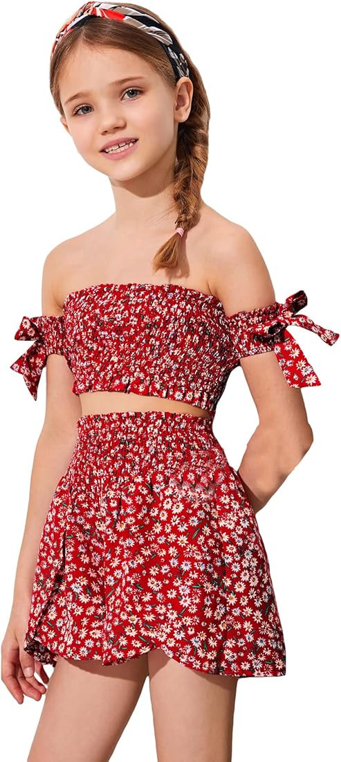 OYOANGLE Girl's 2 Piece Outfits Ditsy Floral Off Shoulder Tie Crop Top and Shirred Elastic Waist ... | Amazon (US)