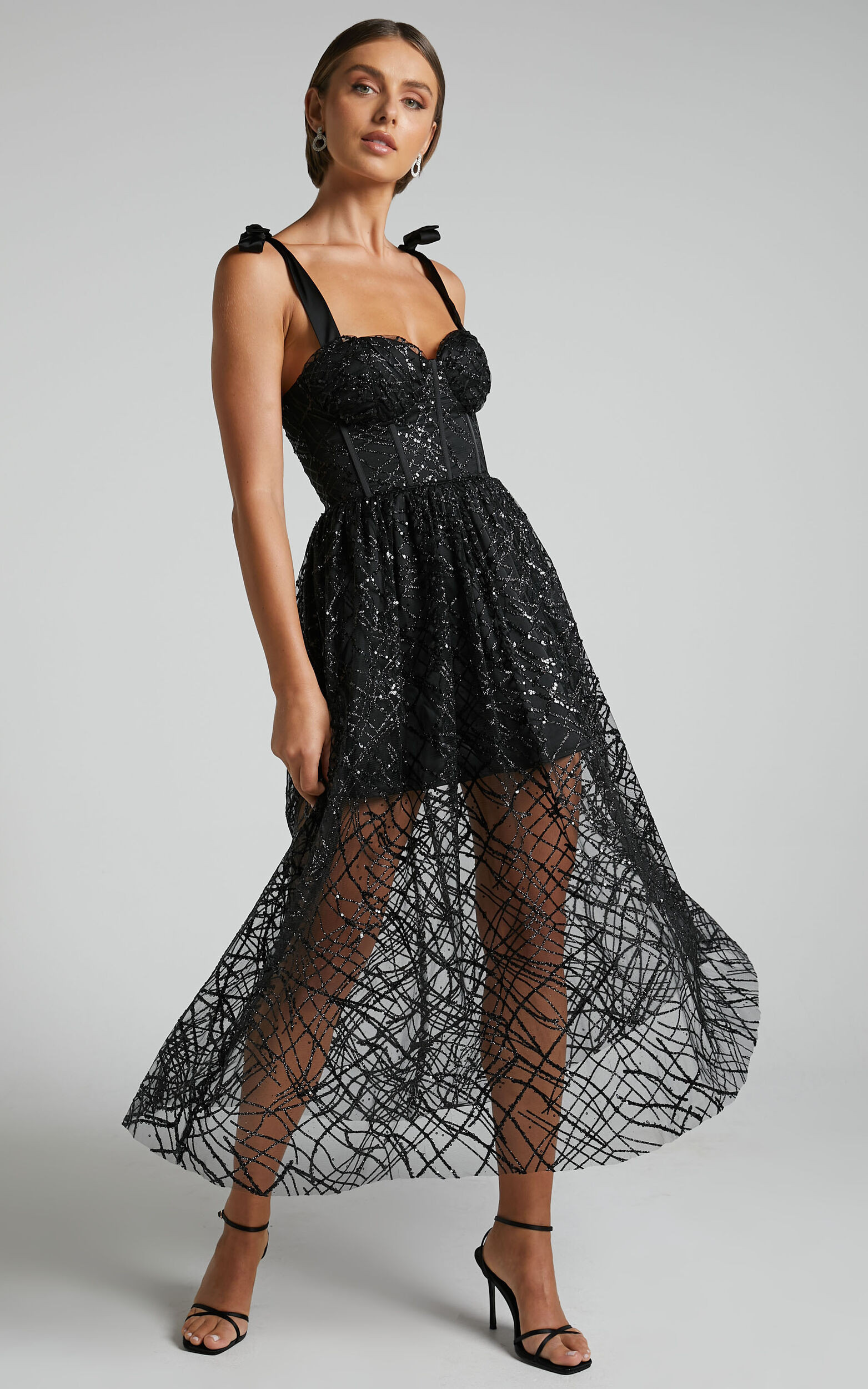 Rimea Midi Dress - Tie Shoulder Bustier Bodice Glitter Tulle Dress in Black | Showpo (US, UK & Europe)