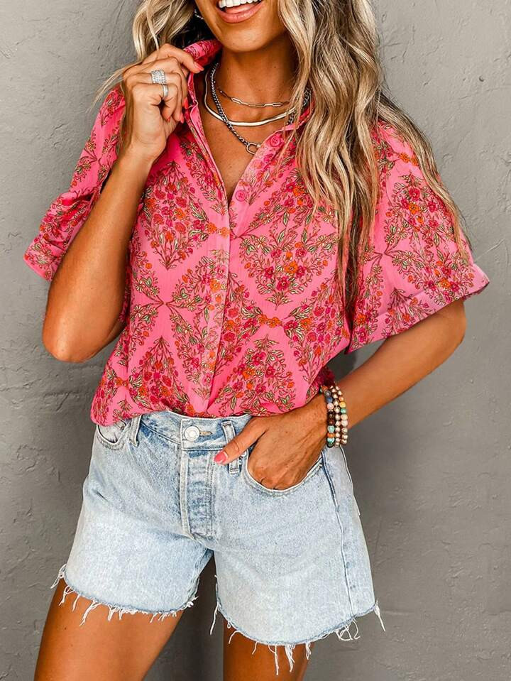 Women's Floral Printed Short Sleeved Shirt | SHEIN