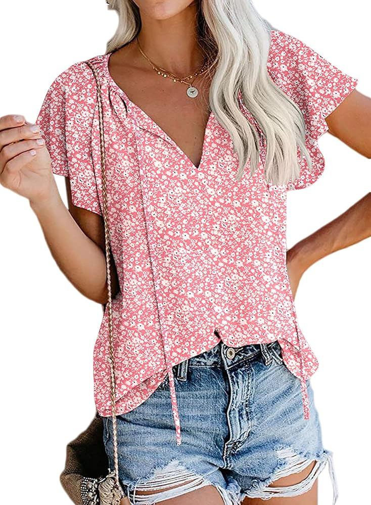 SimpleFun Women's Boho Tops Floral V Neck Short Sleeve Summer Blouse Shirts | Amazon (US)