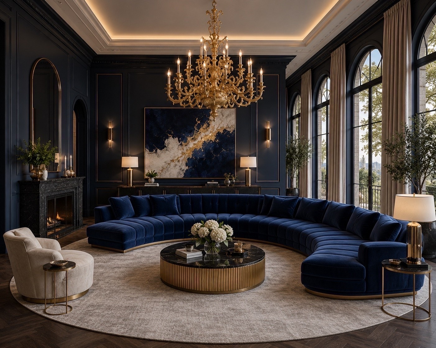 Navy Luxury Living Room with Grand Gold Chandelier | High-End Modern Estate Interior

Deep navy walls. Sculptural seating. A chandelier that completely commands the room.

This space was designed to feel dramatic, intimate, and impossibly refined—where rich textures, layered lighting, and oversized statement pieces create an atmosphere that feels more like a private luxury lounge than a living room.

The curved velvet sectional softens the architecture while the gold detailing throughout the room creates warmth and contrast against the moody navy backdrop.

Every piece was selected to create presence, depth, and calm luxury.
Shop the curated pieces below.

#navylivingroom
#luxurylivingroom
#statementchandelier
#moodyinteriors
#modernluxuryhome
#curvedsectional
#highendinteriors
#wayfairhome

#LTKvlog #LTKHome #LTKOver40