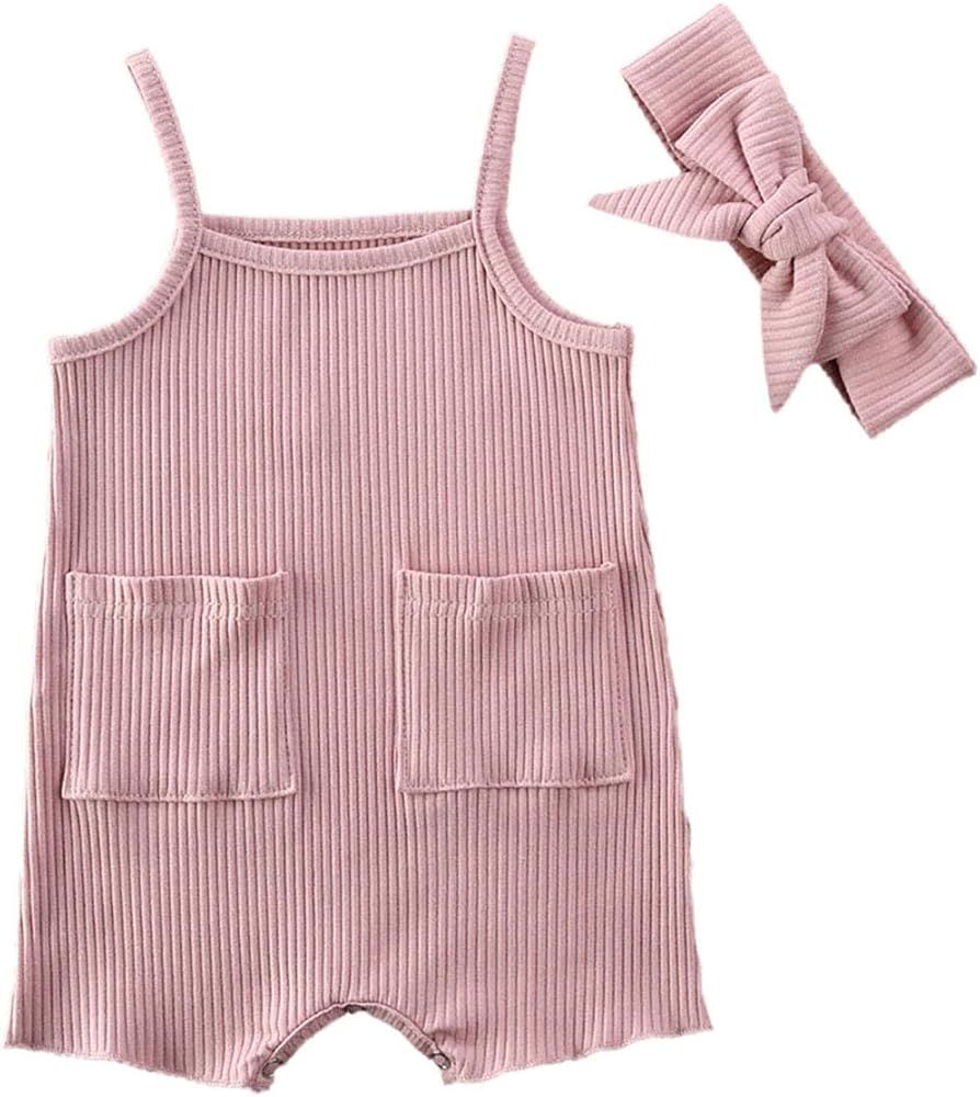 baretokare Newborn Baby Girl Suspender Romper Sleeveless Bodysuit Ribbed Jumpsuit+Headband Little... | Amazon (US)