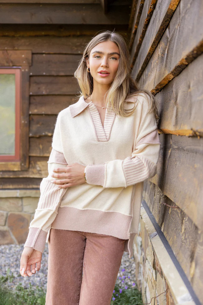 Think About It Cream and Mauve Collared Oversized Sweater SALE | Pink Lily