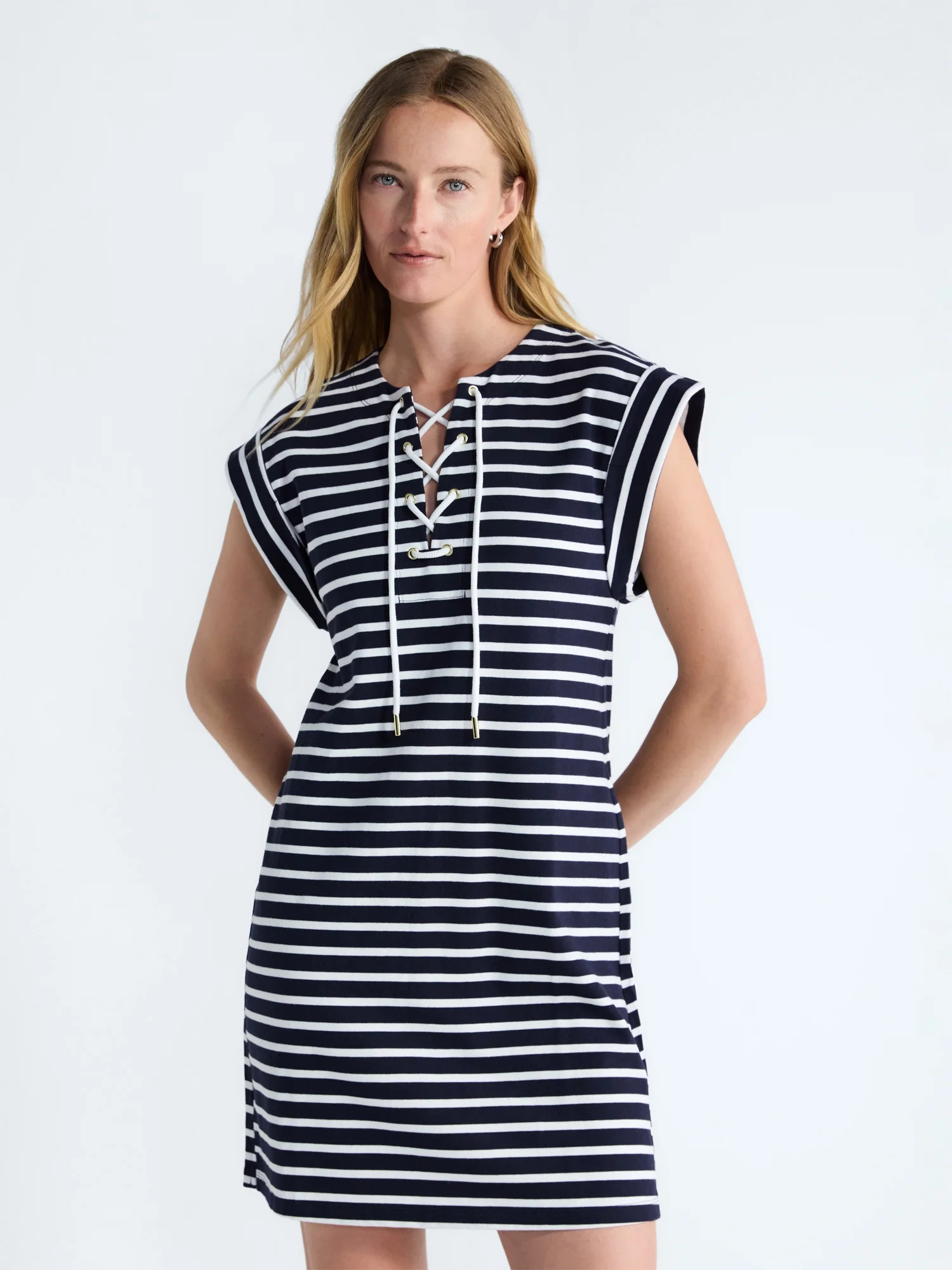 Free Assembly Women's Lace Up Cotton Mini Dress, Sizes XS-XXL | Walmart (US)