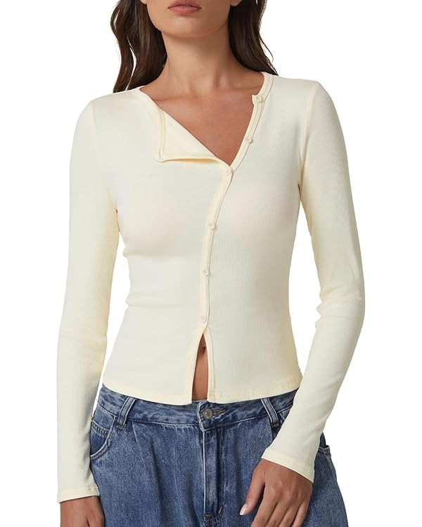 QINSEN Women's Long Sleeve Ribbed Crewneck Shirts Upper Button Fastening Going Out Tops | Amazon (US)