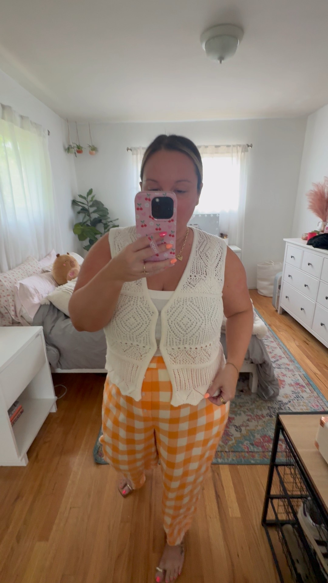 Anthropologie pants size MEDIUM 
Also has a matching top I’ll link, but I didn’t grab it. I think it’s a lounge set? But I love the orange creamsicle vibes the orange gingham is giving! So cute and comfy for summer! 
Crochet knit top is size LARGE tank under is size XL
Sandals are old from Revolve and charm necklace is from Lucky Goldie which is also can’t link. You can use code ShelliEnright10 for a discount on your own charm necklace! 

Summer outfit, summer style, travel style, petite style, summer pants, swim coverup, Target style, Target finds, Anthropologie, outfit ideas, midsize style, crochet top, matching set 

#LTKSeasonal #LTKPetite #LTKMidsize