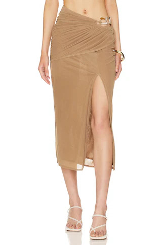 L'Academie Florra Midi Skirt in Umber Brown from Revolve.com | Revolve Clothing (Global)
