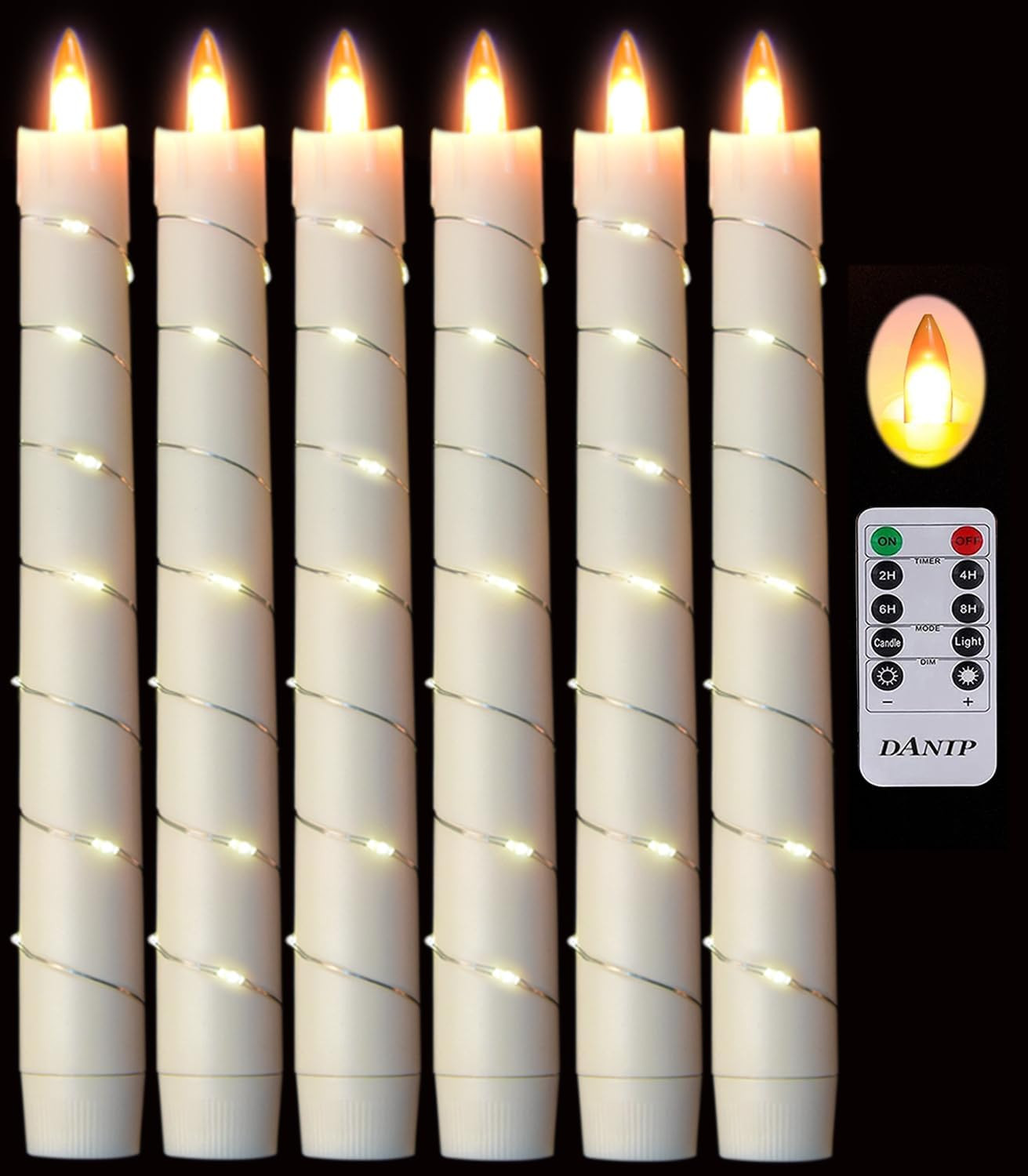 danip flameless Cone Candle, Patented Starlight String, with 11 Timing Key Remote Control, Battery Powered, Patented Simulated Flame, 6 Packs (Ivory Color) | Amazon (US)