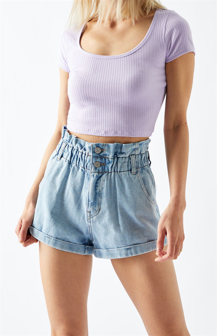 PacSun Abbie Blue Paperbag Denim Mom Shorts | PacSun