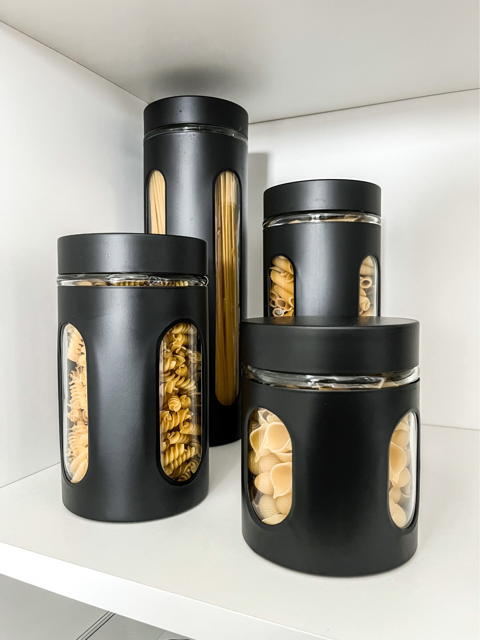 O R G / obsessed with this 4 piece black stainless steel clear window twist top storage jar set. The perfect addition to my pantry & storage solution for all my gluten free pasta 🤌🏻🍝 

walmart find

#LTKunder50 #LTKhome #LTKstyletip
