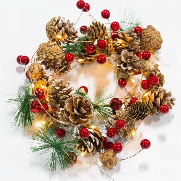 Christmas garland with lights, Doingart 20 LED 6.56FT Pine Cone Red Berry Red Bell Garland String... | Walmart (US)