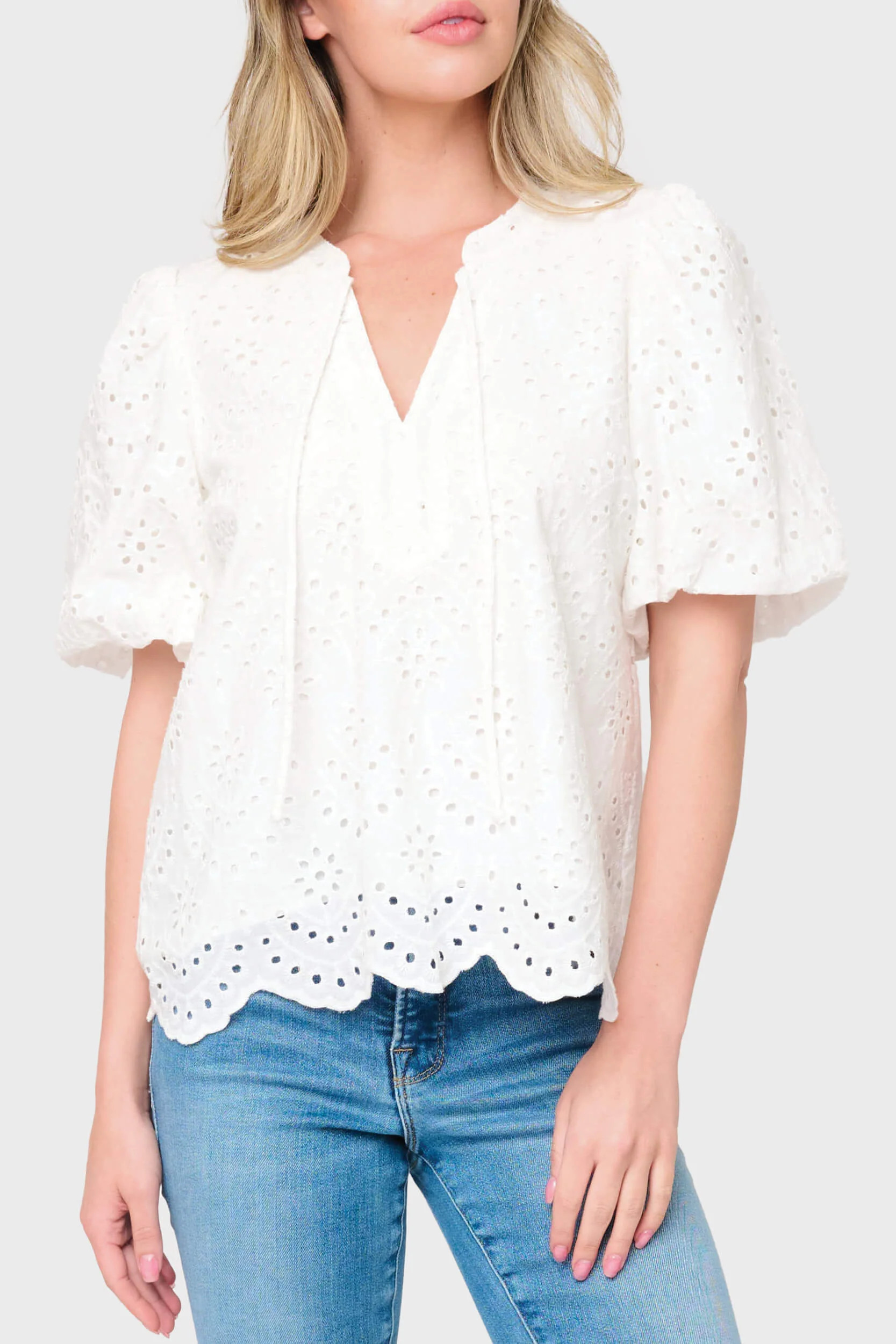 Bubble Sleeve Split Neck Top | Gibson